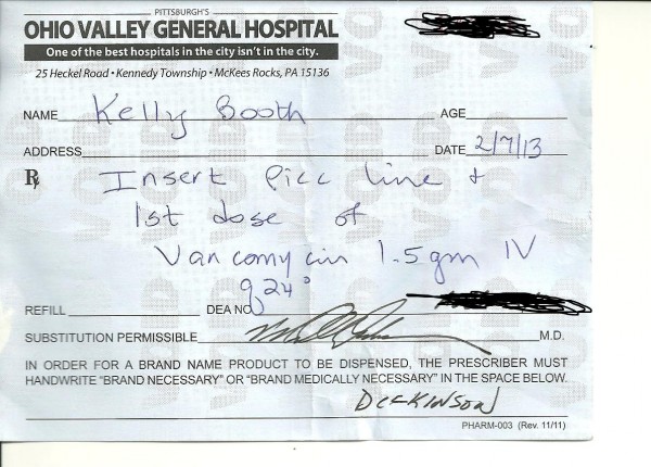 Ohio Valley General Hospital prescription written by Dr. Peter Dickinson for Kelly Booth